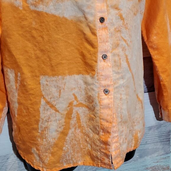 Chaus Sport Orange Tie-Dye Bleached Button Up Linen Blend Blouse Sz Med M - Picture 4 of 8